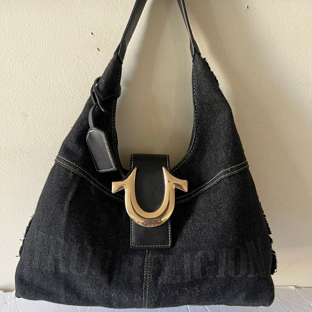 TRUE RELIGION FRAYED DENIM BLACK HOBO BAG